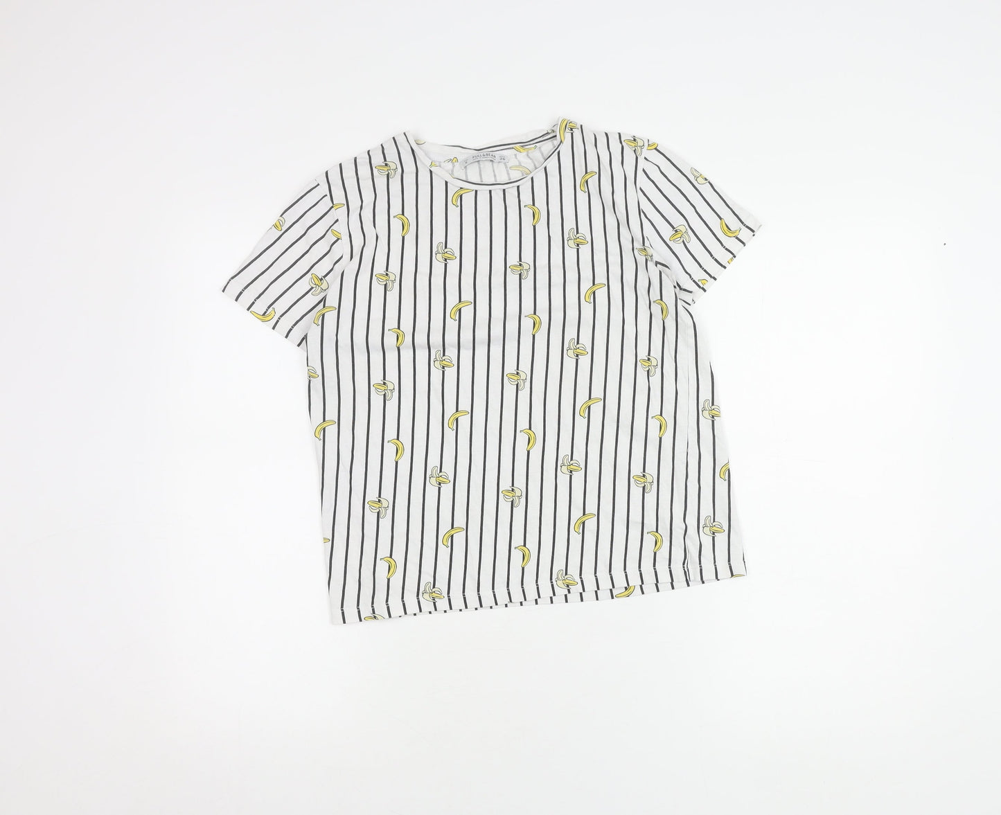PULL&BEAR Women's White Striped Banana T-Shirt, Size S