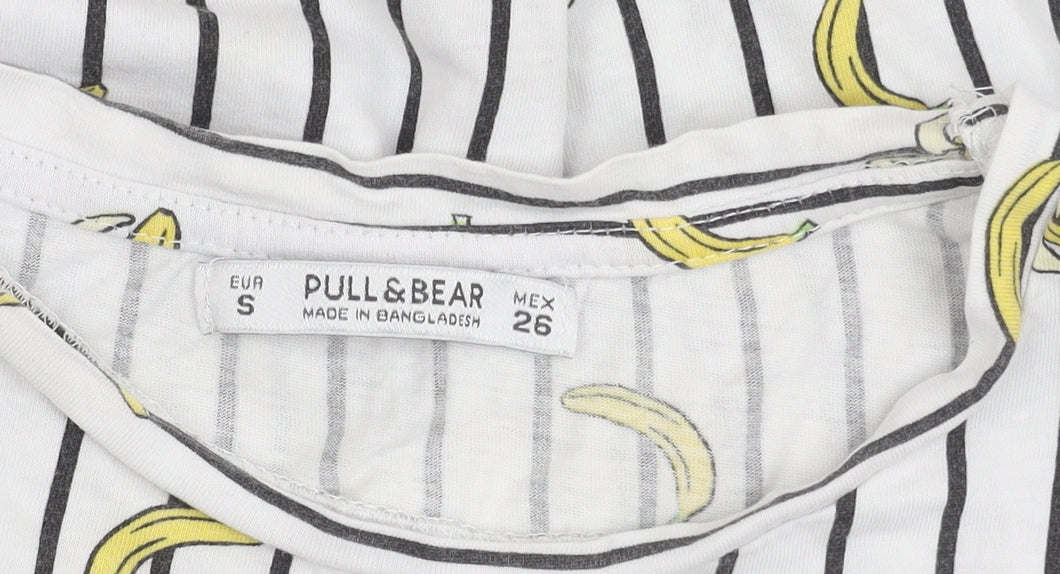 PULL&BEAR Women's White Striped Banana T-Shirt, Size S