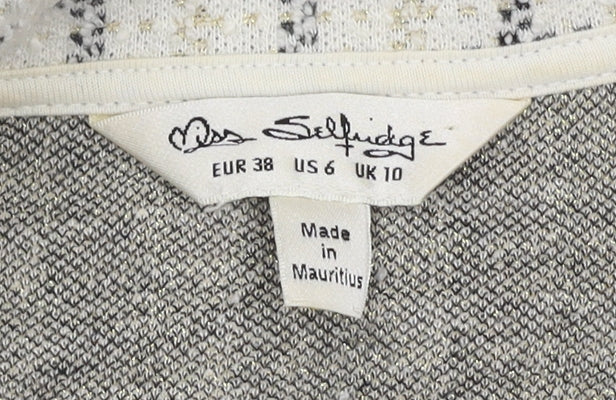 Brand and care label for Miss Selfridge Women's Grey Check Cropped Jacket, size 10