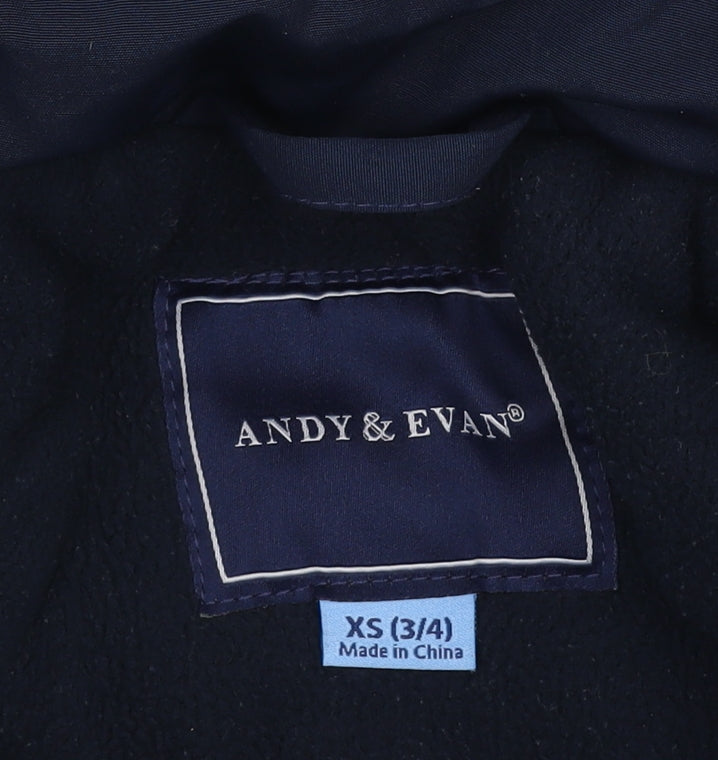 Brand and care label for Andy & Evan boys’ blue parka jacket xs