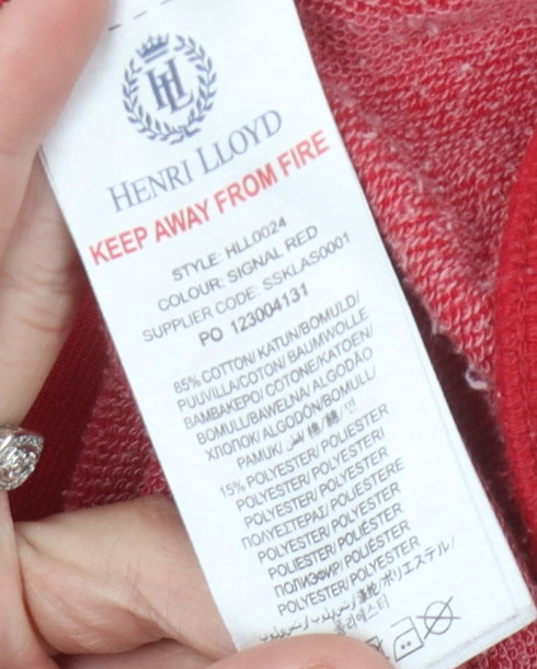 Brand and care label for Henri Lloyd boys’ red hoodie 12-13 years pullover style