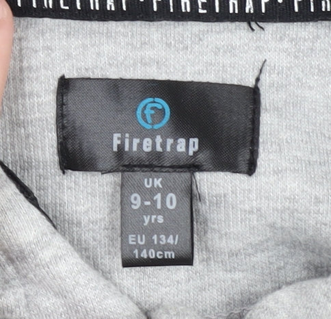 Brand and care label for Firetrap boys’ grey and black full zip hoodie, size 9-10, years