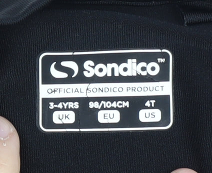 Brand and care label for Sondico boys’ black long sleeve athletic top 3-4 years
