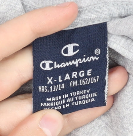 Brand and care label for Champion boys’ grey hoodie xl pullover casual