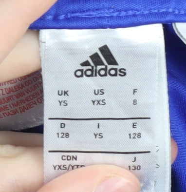 Brand and care label for Adidas boys’ blue xs athletic sports shorts