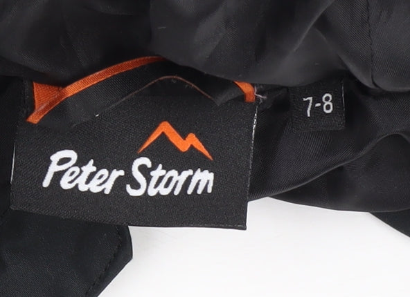 Brand and care label for Peter Storm boys’ black waterproof parka jacket 7-8 years