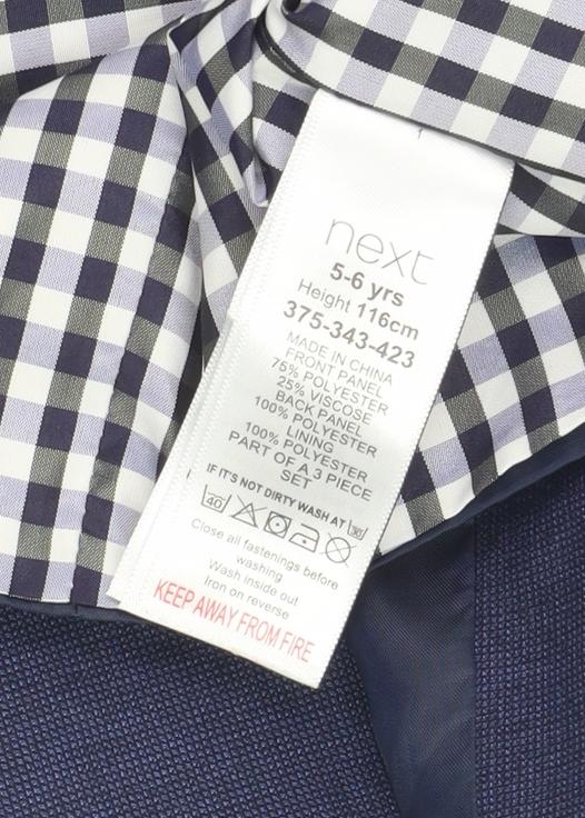 Brand and care label for Next boys’ blue waistcoat, size 5-6, stylish formal wear