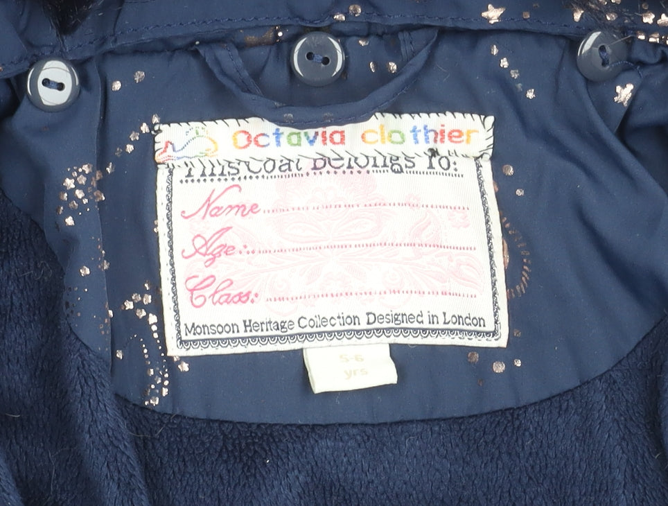 Brand and care label for Octavia Clothier girls’ blue celestial puffer jacket 5-6y