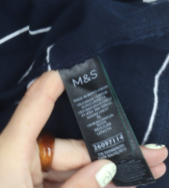 Marks and Spencer Unisex Blue Striped T-Shirt L