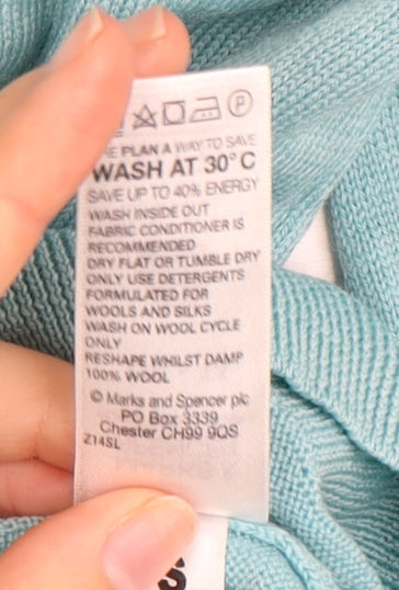Marks and Spencer Women's Blue Wool V-Neck Jumper, Size 14