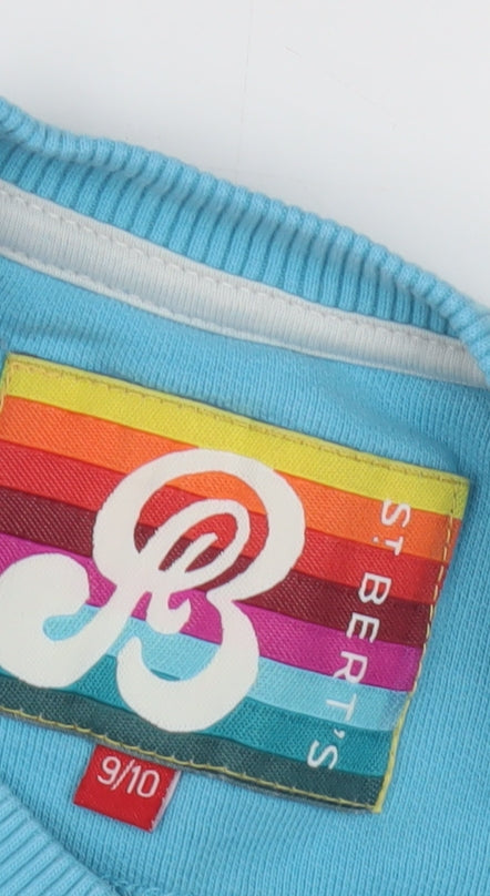 Close-up detail of St. Bert's girls’ blue pullover sweatshirt 9-10 years - graphic beach