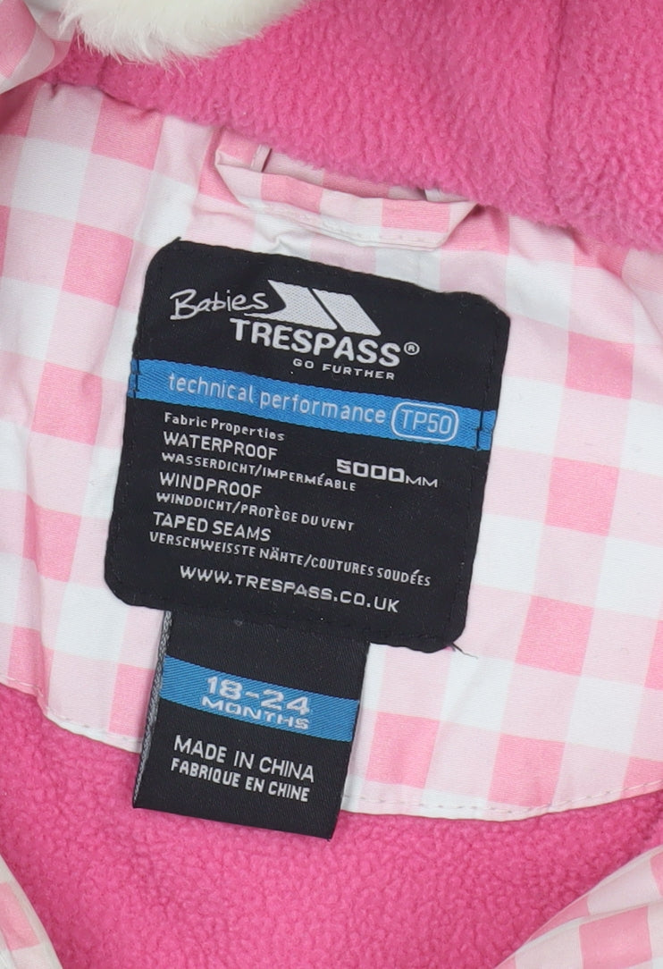 Close-up detail of Trespass girls’ pink waterproof puffer jacket 2 years