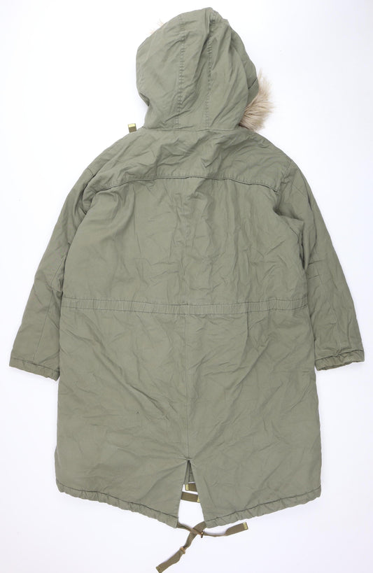 H&M Women's Green Parka Jacket, Size 12, Hooded Winter Coat