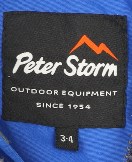 Close-up detail of Peter Storm boys’ blue rain coat 3-4 years hooded lightweight