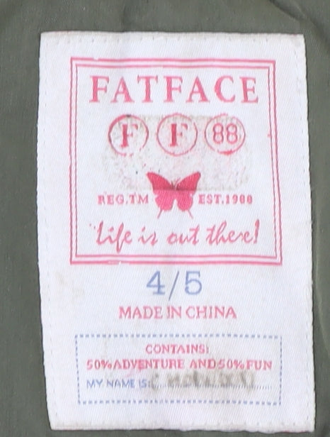 Brand and care label for FatFace girls’ green parka coat 4-5 years faux fur hooded