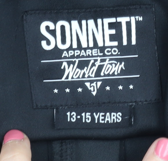 Brand and care label for Sonneti boys’ black full zip hoodie 13-15 years