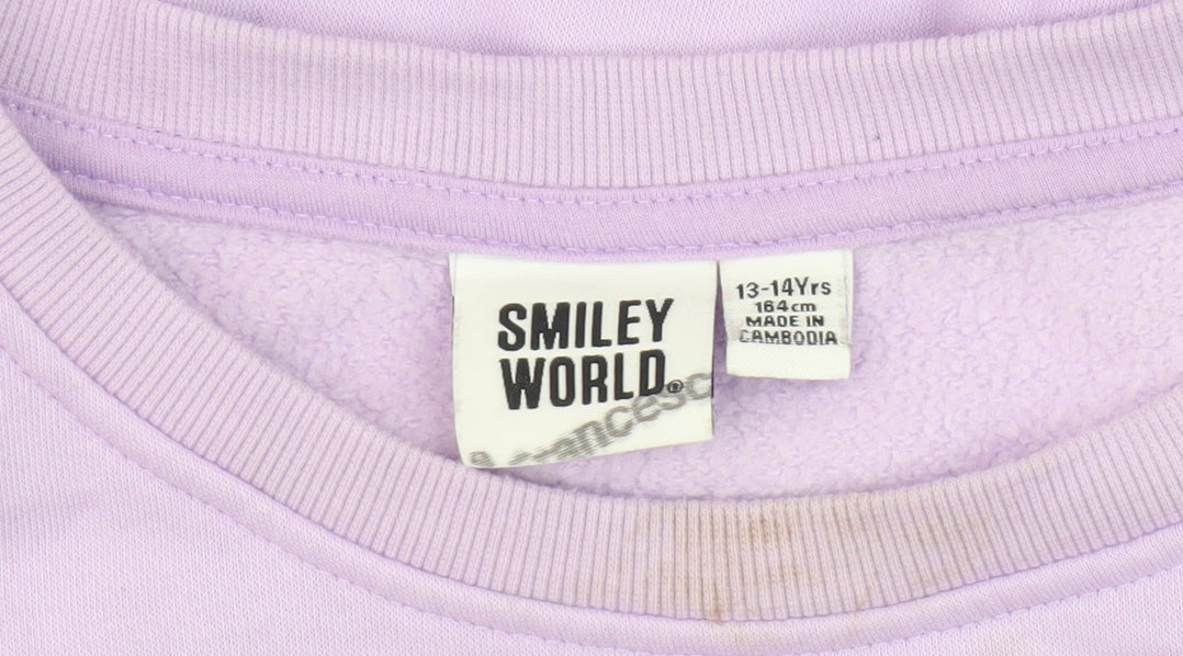 Close-up detail of Smiley World girls’ purple pullover sweatshirt 13-14 years