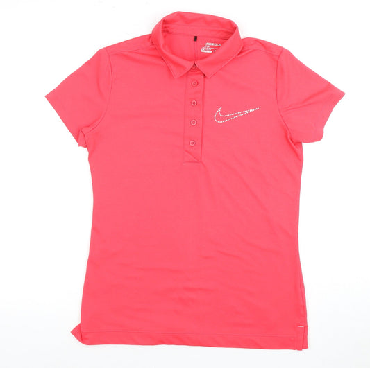 Nike Women Pink Polyester Polo M Collared Rhinestone