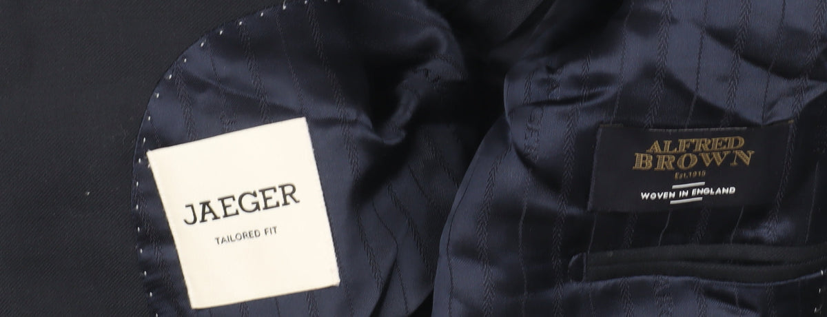 Brand and care label for Jaeger Men's Blue Blazer, 44 Chest, Classic Style