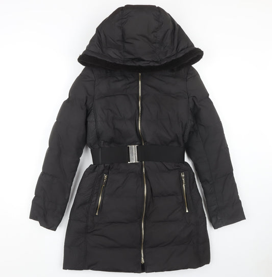Jaeger Women's Black Puffer Coat Belted Hooded Size 8
