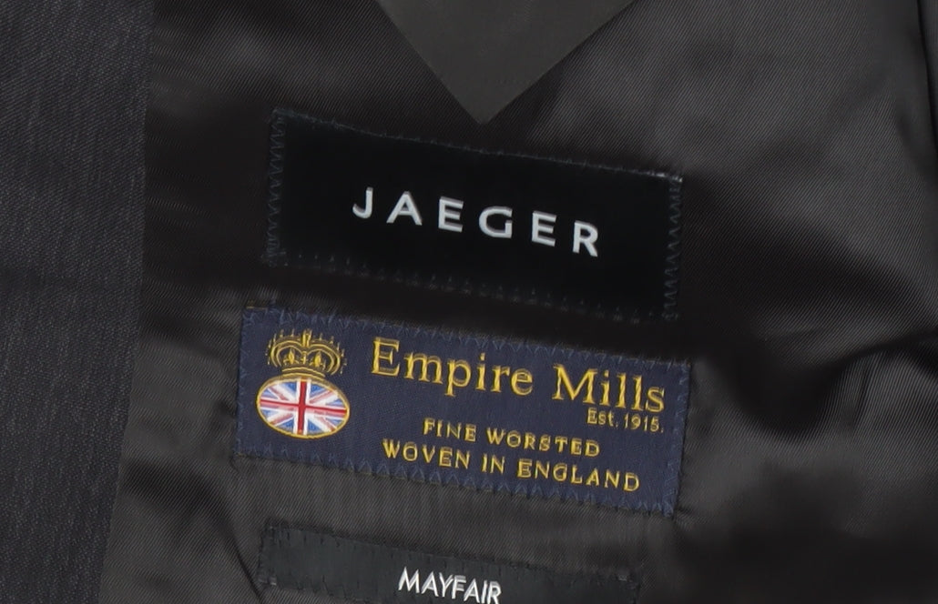 Brand and care label for Jaeger Men's Grey Wool Blazer, 44 Slim, Business Formal