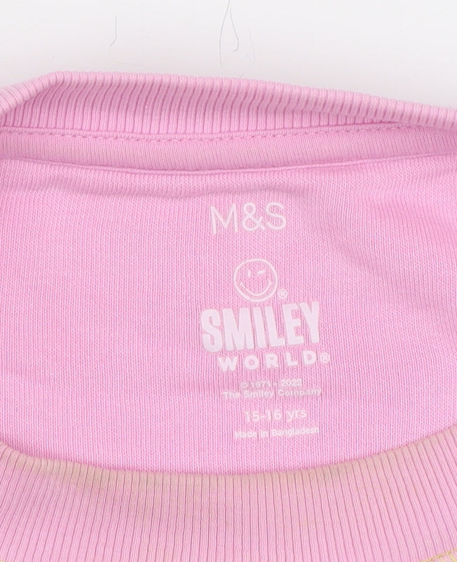Brand and care label for Marks & Spencer girls’ pink pullover sweatshirt 15-16y