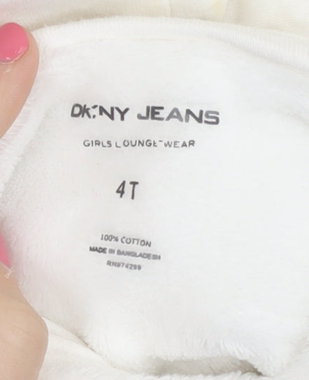 Brand and care label for DKNY Jeans girls’ ivory hoodie, 4 years - embroidered pullover