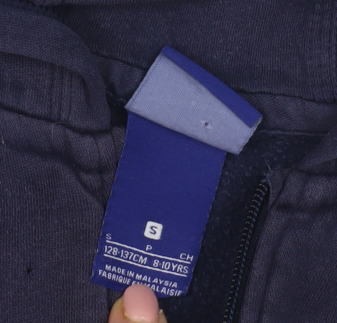 Close-up detail of Nike boys’ blue full zip hoodie, size 8-10, casual fleece