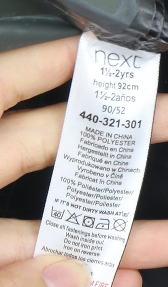 Close-up detail of Next boys’ batman snowsuit black 2 years hooded waterproof