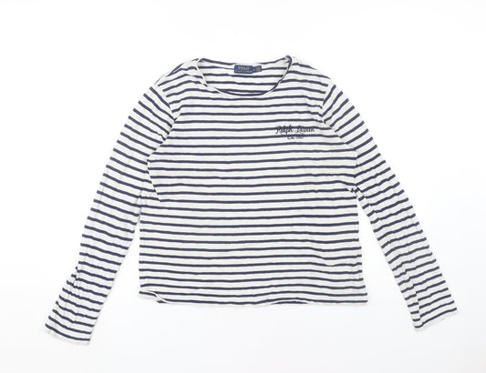 Polo Ralph Lauren Women's White Striped T-Shirt Medium