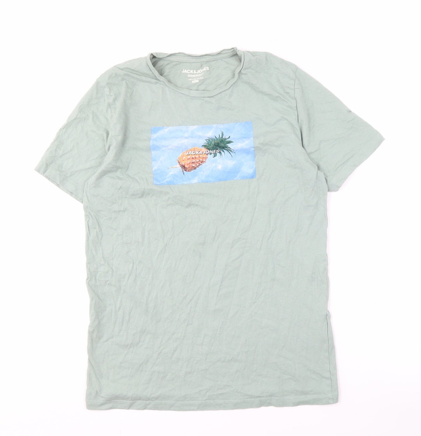 Jack & Jones Men's Green Graphic Print T-Shirt L Slim Fit