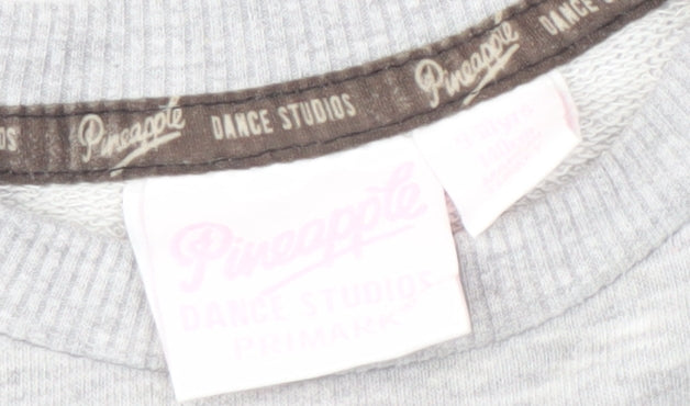 Brand and care label for Pineapple girls’ grey pullover sweatshirt, graphic print, dance