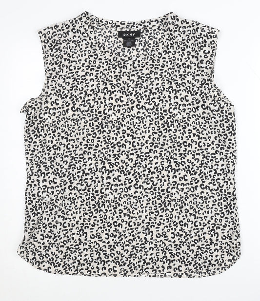 DKNY Women's Black White Animal Print Blouse, L, Casual