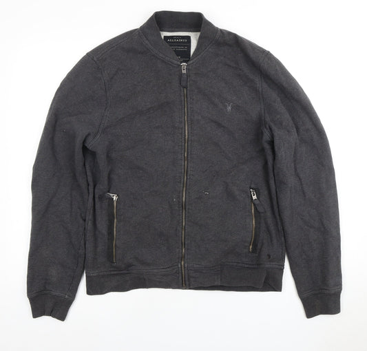 AllSaints Men's Grey Full Zip Sweatshirt, L, Logo, Zip Accents
