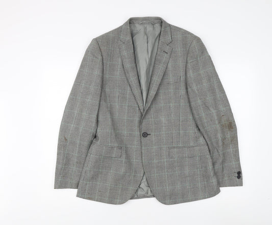 Moss London Men's Grey Check Blazer, Size 38S, Wool