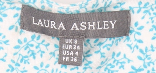Laura Ashley Women's Blue Floral Blouse, Size 8, Cap Sleeve
