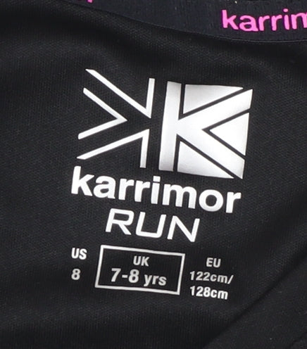 Brand and care label for Karrimor girls’ black short sleeve running t-shirt 7-8 yrs
