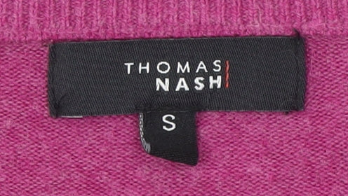 Brand and care label for Thomas Nash Men's Pink V-Neck jumper, size S