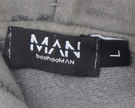 Brand and care label for boohooMAN Men's Grey Graphic Pullover Hoodie L