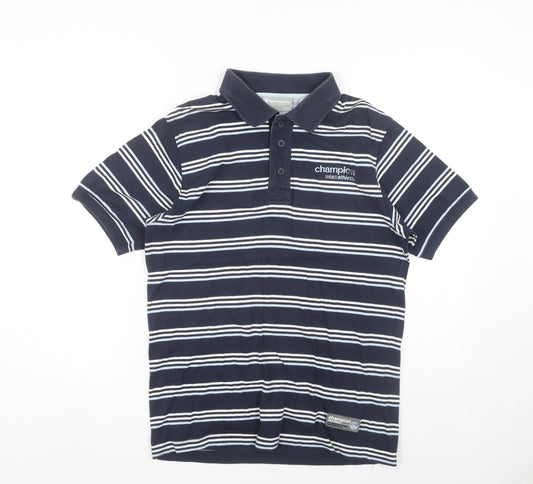 Champion Men's Blue Striped Polo Shirt Small