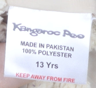 Close-up detail of Kangaroo Poo girls’ beige hooded jacket 13 years casual winter