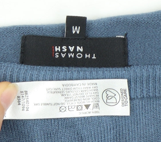 Close-up detail of Thomas Nash Men's Blue V-Neck jumper M