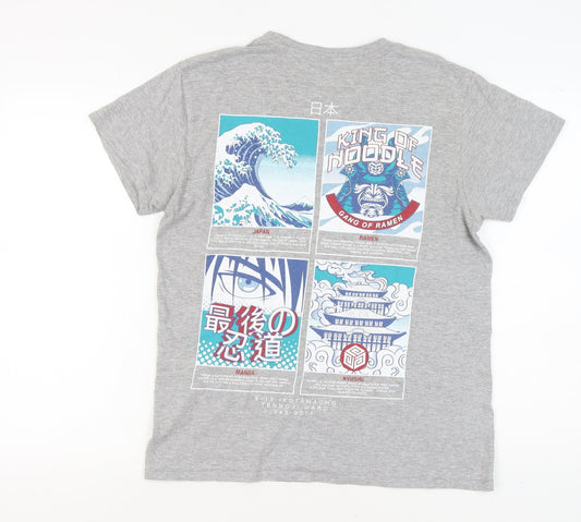 Shōk Men's Grey Anime Japan Graphic T-Shirt Medium