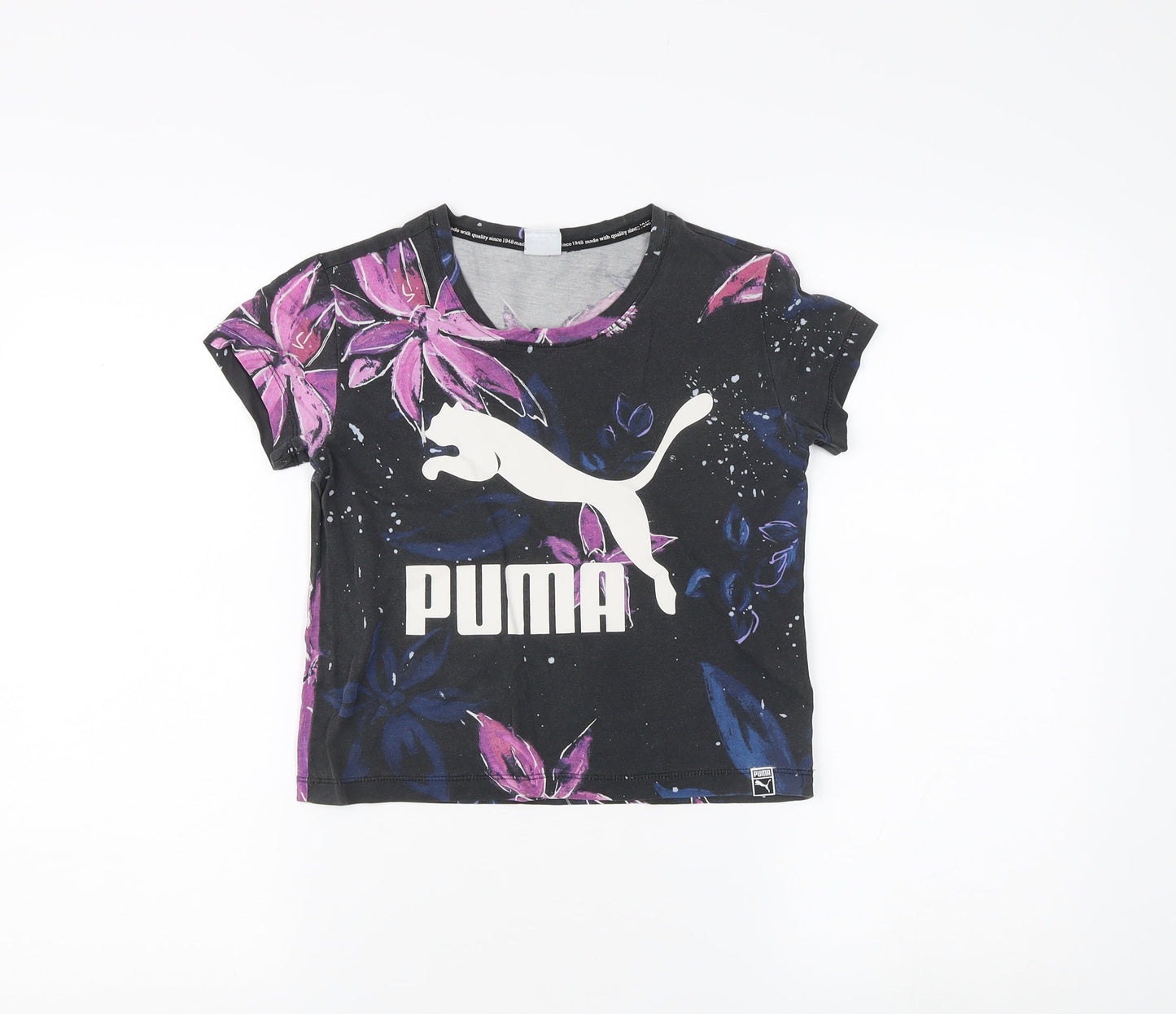 Puma Teens Black Floral T-Shirt, Size 8, Casual Crew Neck