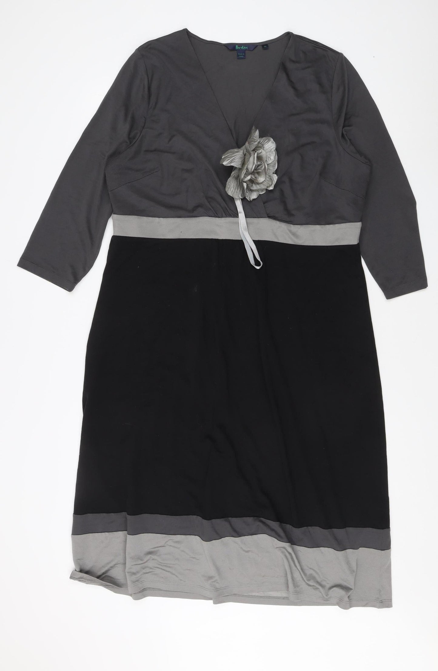 Boden Women's Black Grey Wrap Dress, Size 14, 3/4 Sleeve