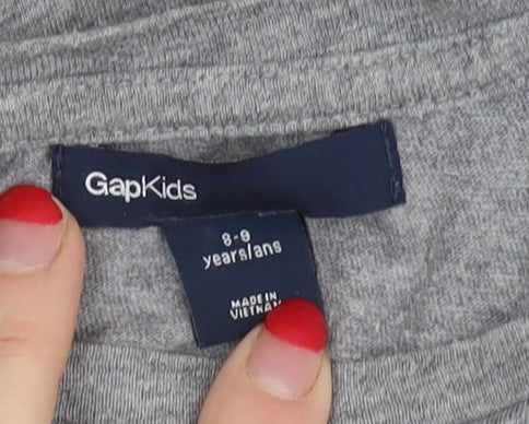Brand and care label for Gap Kids girls’ grey & pink long sleeve graphic t-shirt 8-9y
