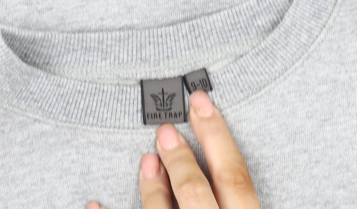 Close-up detail of Firetrap boys’ grey logo sweatshirt 9-10 years pullover crew