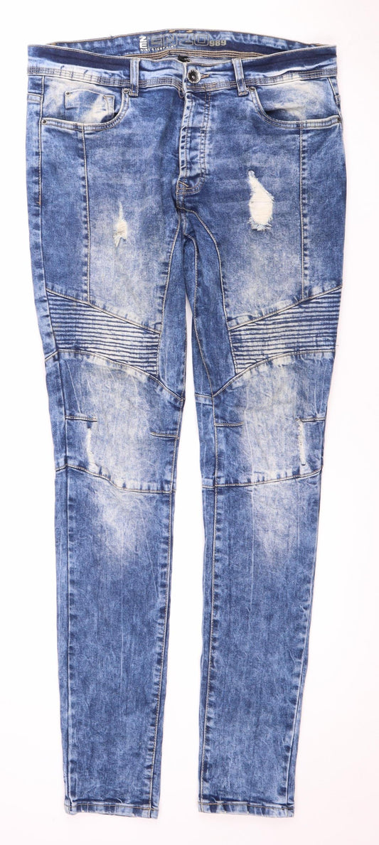 Enzo Men's Blue Distressed Straight Jeans 34L