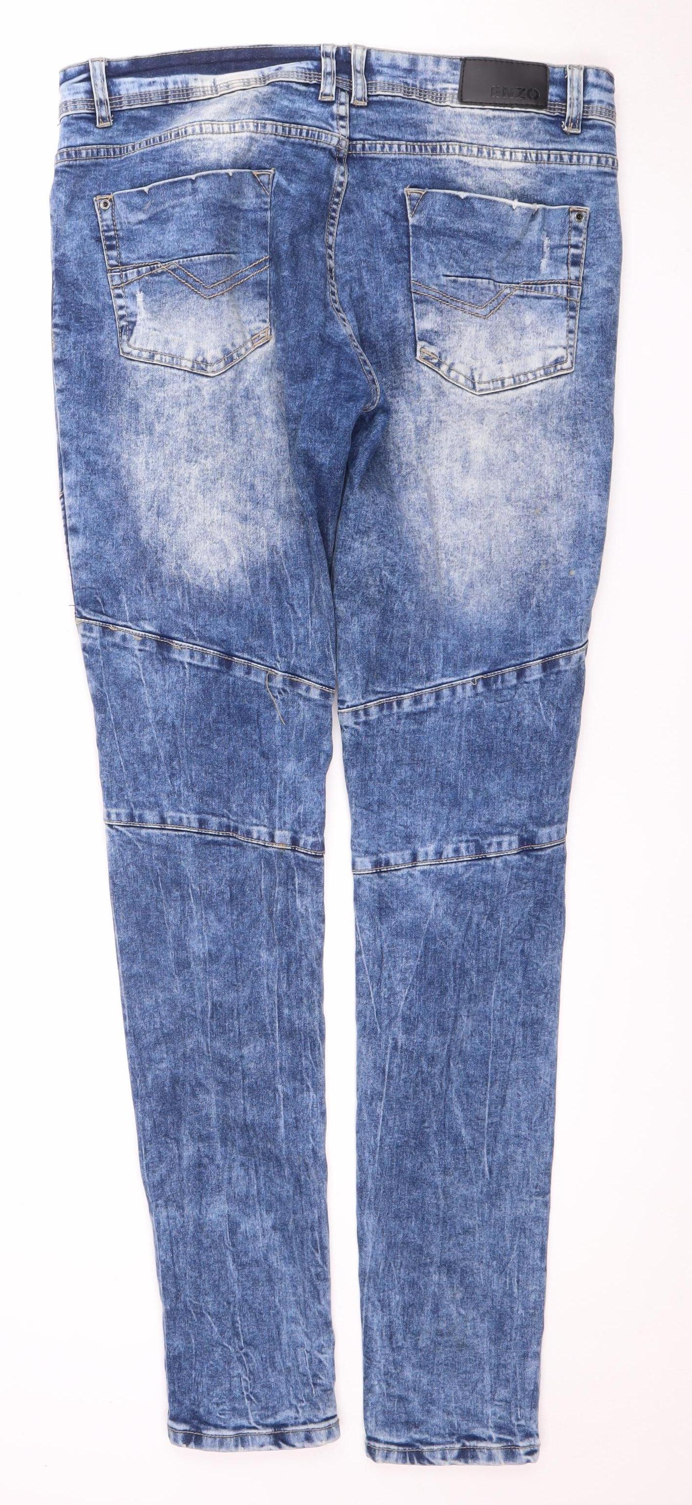 Enzo Men's Blue Distressed Straight Jeans 34L