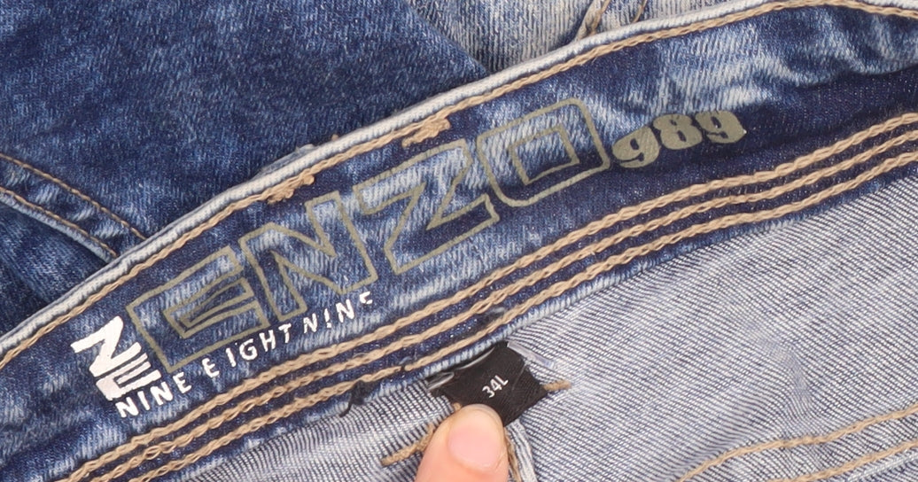 Enzo Men's Blue Distressed Straight Jeans 34L